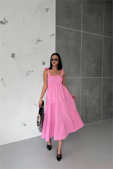 Dipmoda kadın pembe gipeli askılı poplin elbise DPG012 - 1