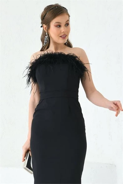 Dipmoda kadın siyah tüy detaylı straplez abiye elbise DPS003 - 2