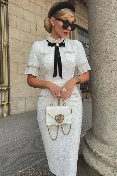 Dipmoda kadın kaşe kumaş inci ve broş detaylı abiye elbise DPEMP2051