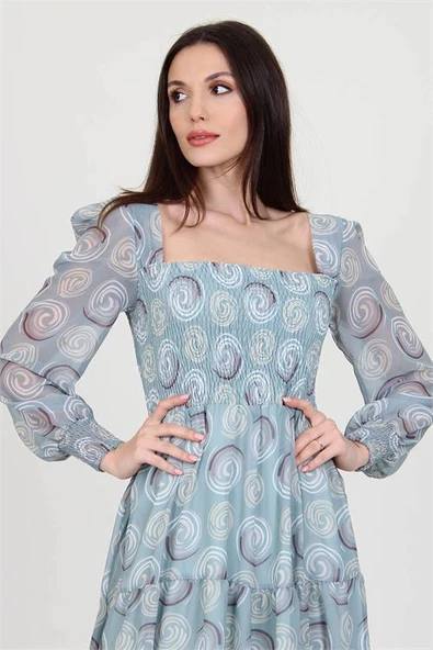 Kadın mint gipeli kare yaka desenli şifon elbise DP100361 - 5