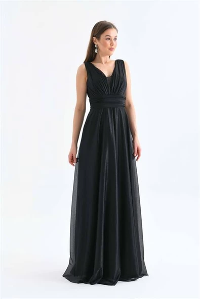 Dipmoda kadın siyah v yaka simli tül abiye elbise DPS9223 - Resim 5