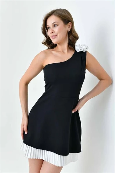 Dipmoda kadın siyah mini tek omuz abiye elbise DPS9357