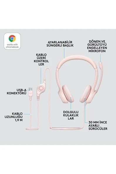 logitech H390 Usb Gürültü Önleyici Mikrofonlu Kulaklık - Gül 981­-001281 - 5
