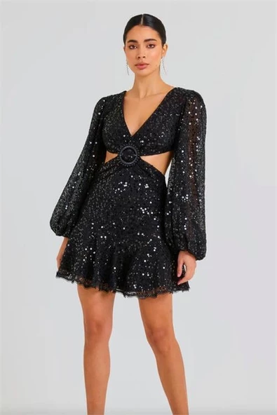 Dipmoda kadın ithal payet kumaş toka detaylı abiye elbise DPEMP2584 - Resim 4