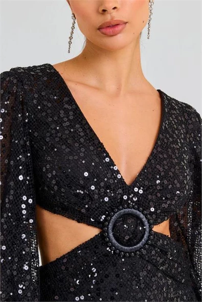 Dipmoda kadın ithal payet kumaş toka detaylı abiye elbise DPEMP2584 - Resim 2