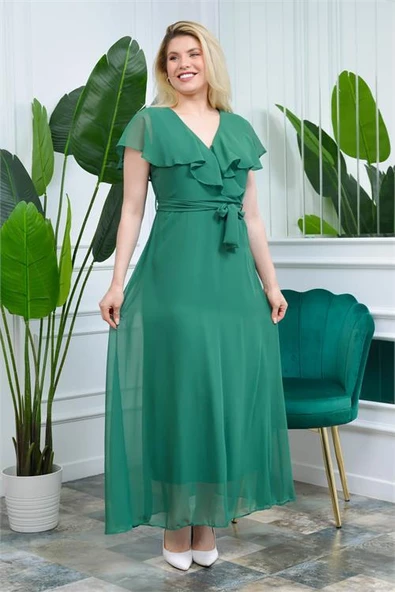Dipmoda Kadın Yeşil Kruvaze Yaka Bağlama Detaylı Uzun Şifon Elbise DP0001 - 3