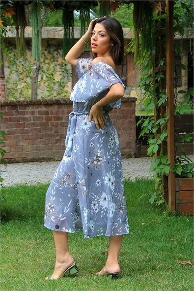 Kadın gri bağlama detaylı madonna yaka şifon elbise DP100371 - Resim 3