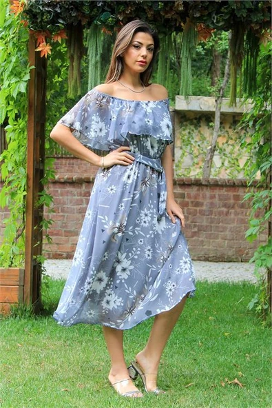 Kadın gri bağlama detaylı madonna yaka şifon elbise DP100371 - Resim 2