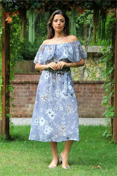 Kadın gri bağlama detaylı madonna yaka şifon elbise DP100371 ürün görseli