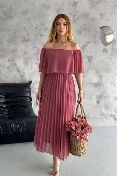 Dipmoda kadın madonna yaka piliseli şifon elbise DPK2099 - Resim 2