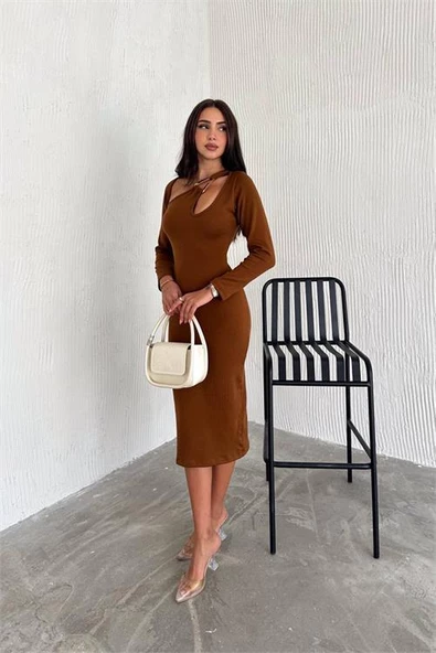 Dipmoda kadın taba yaka detaylı triko elbise DPK2219