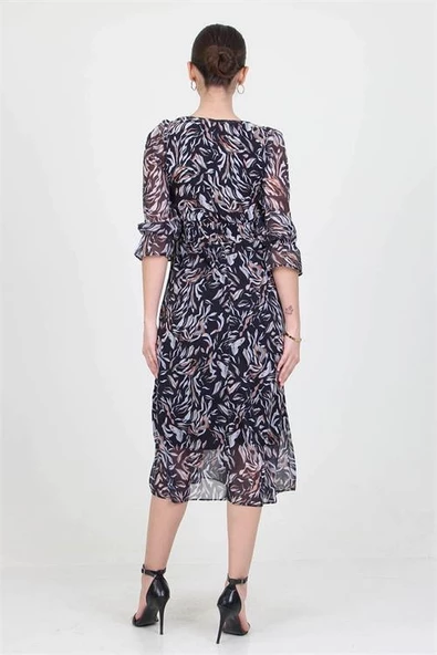 Dipmoda kadın siyah kalp yaka yeni sezon desenli şifon elbise RY0030 - 6