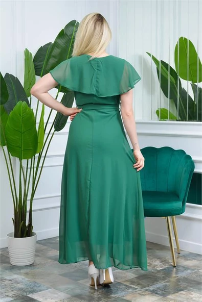 Dipmoda Kadın Yeşil Kruvaze Yaka Bağlama Detaylı Uzun Şifon Elbise DP0001 - 5