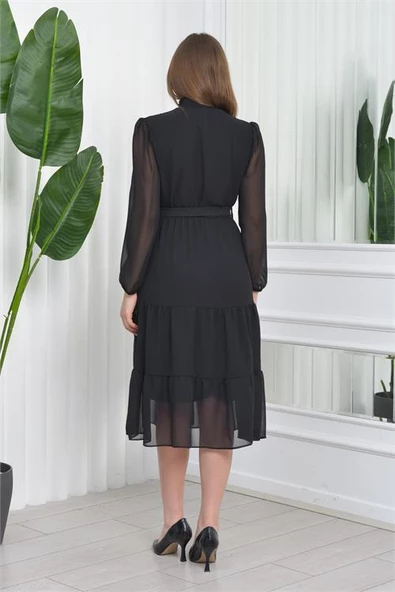 Dipmoda kadın kemerli midi boy gipeli şifon elbise DP7156 - Siyah - 8