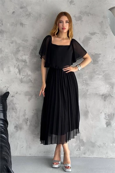 Dipmoda kadın madonna yaka piliseli şifon elbise DPK2099 - 3
