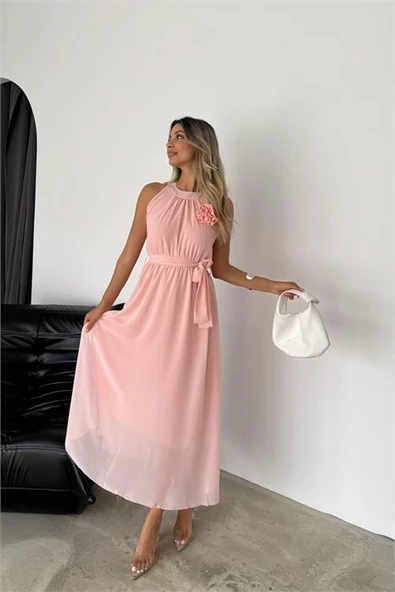 Dipmoda kadın gül broş detaylı uzun şifon elbise DPK2144 - 4