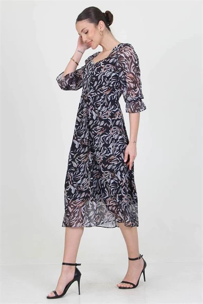 Dipmoda kadın siyah kalp yaka yeni sezon desenli şifon elbise RY0030 - 4