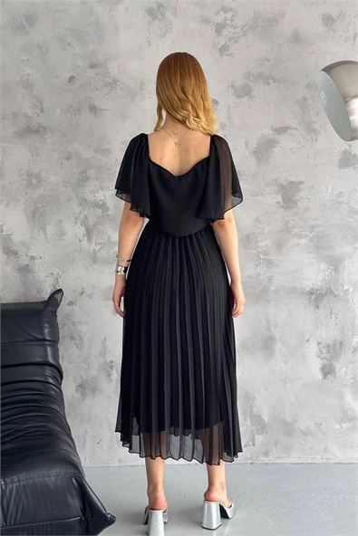 Dipmoda kadın madonna yaka piliseli şifon elbise DPK2099 - 4