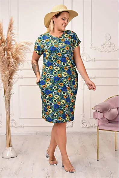 Kadın büyük beden çiçek desenli elbise DPMAYSL71 - Resim 2