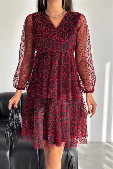 Dipmoda kadın tül astarlı mini elbise KKLF41 - Kırmızı - 1