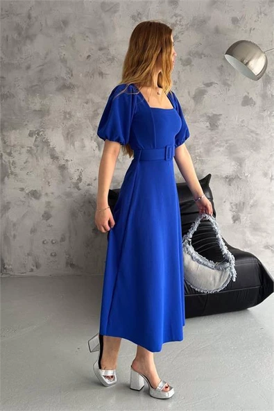 Dipmoda kadın saks mavisi kare yaka kemerli likralı elbise DPK2085 - 2