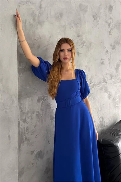 Dipmoda kadın saks mavisi kare yaka kemerli likralı elbise DPK2085 - 3