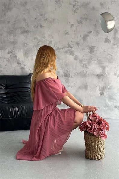 Dipmoda kadın madonna yaka piliseli şifon elbise DPK2099 - Resim 4