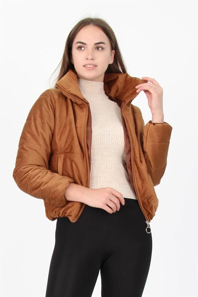 Kadın Yüksek Yaka Fermuar Detaylı Cepli Kışlık Kadife Mont DP7154 - 2