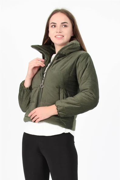 Kadın Yüksek Yaka Fermuar Detaylı Cepli Kışlık Kadife Mont DP7154 - Resim 2