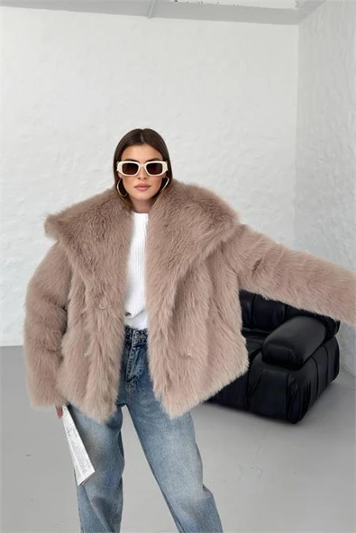 Dipmoda kadın camel oversize çıtçıtlı ithal kürk mont DPG037 - 6