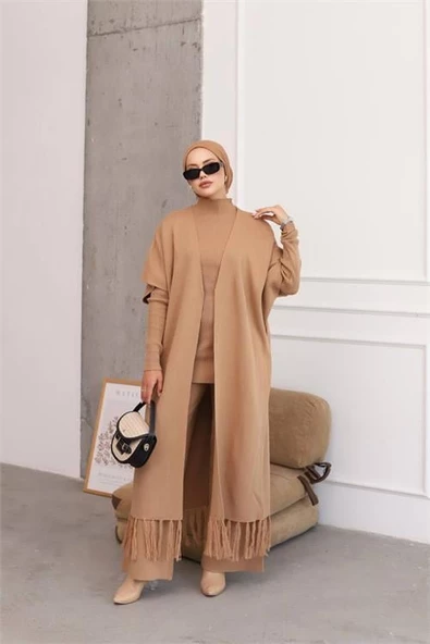 Dipmoda kadın camel tesettür üçlü triko takım NMS021 - 3