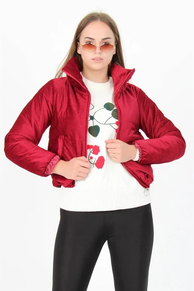 Kadın Yüksek Yaka Fermuar Detaylı Cepli Kışlık Kadife Mont DP7154 - Resim 2