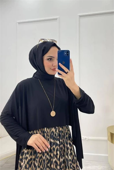 Dipmoda kadın sandy kumaş pelerinli tesettür elbise SMS032 - Siyah - 2