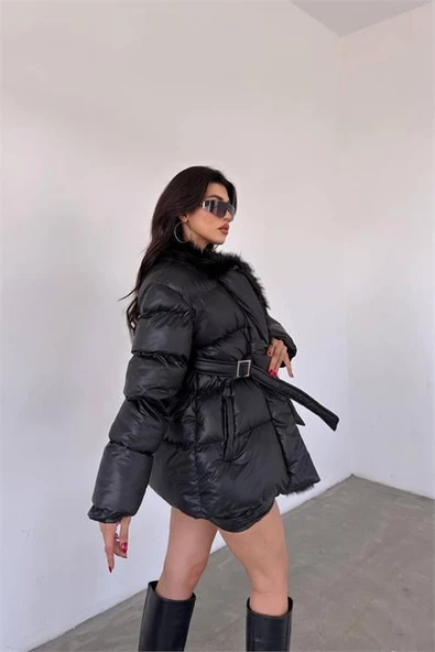 Dipmoda kadın siyah zra şişme kürklü mont DPMYLK25 - Resim 4