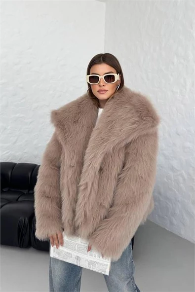 Dipmoda kadın camel oversize çıtçıtlı ithal kürk mont DPG037 - 5