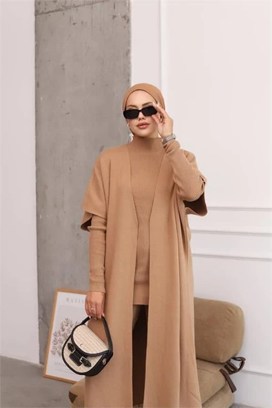 Dipmoda kadın camel tesettür üçlü triko takım NMS021 - 2