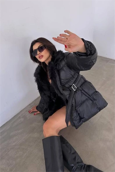 Dipmoda kadın siyah zra şişme kürklü mont DPMYLK25 - Resim 2