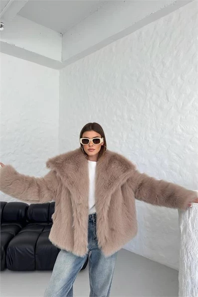 Dipmoda kadın camel oversize çıtçıtlı ithal kürk mont DPG037 - 3