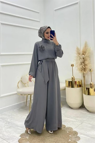 kadın gri kuşaklı gül detaylı salaş tulum DPNMS003 ürün görseli 1