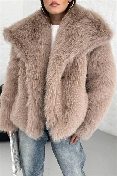 Dipmoda kadın camel oversize çıtçıtlı ithal kürk mont DPG037 - 7
