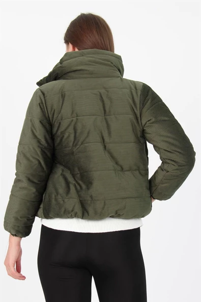 Kadın Yüksek Yaka Fermuar Detaylı Cepli Kışlık Kadife Mont DP7154 - Resim 3