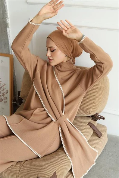 Kadın camel pantolon tunik ikili tesettür takım DPNMS017