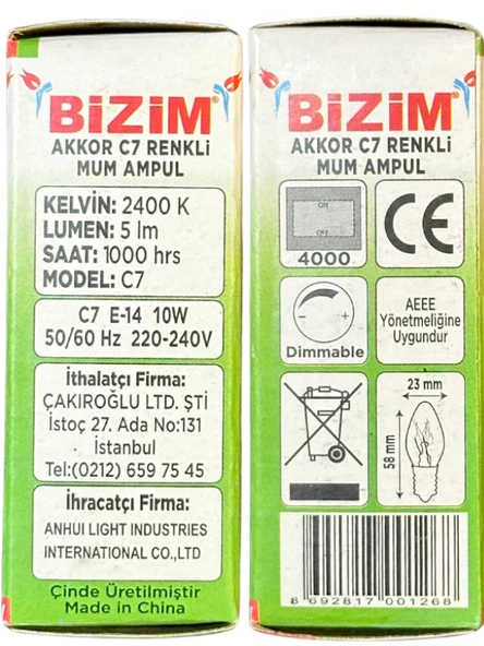 Bizim 10W Beş Farklı Renk (Kırmızı, Sarı, Mavi, Yeşil, Günışığı) E14 Duylu Dim Edilebilir Mum Ampul (Toplam 10 Adet) - 4