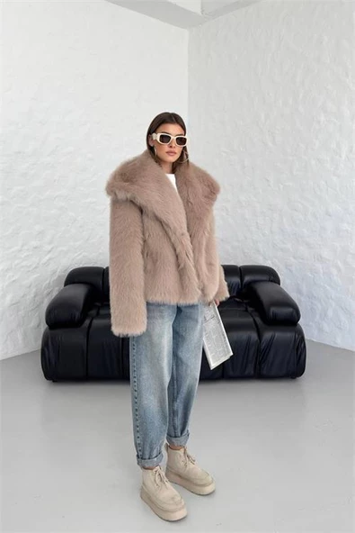 Dipmoda kadın camel oversize çıtçıtlı ithal kürk mont DPG037 - 4