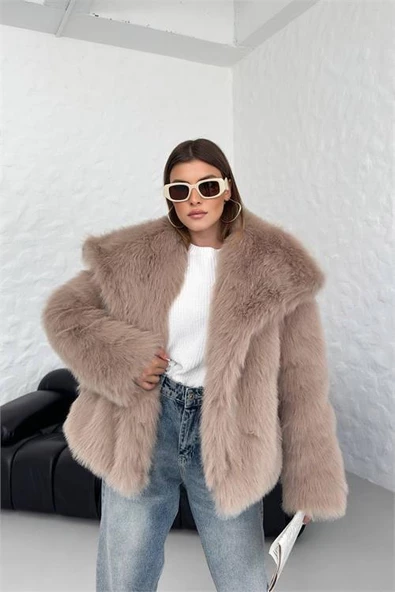Dipmoda kadın camel oversize çıtçıtlı ithal kürk mont DPG037 - 2