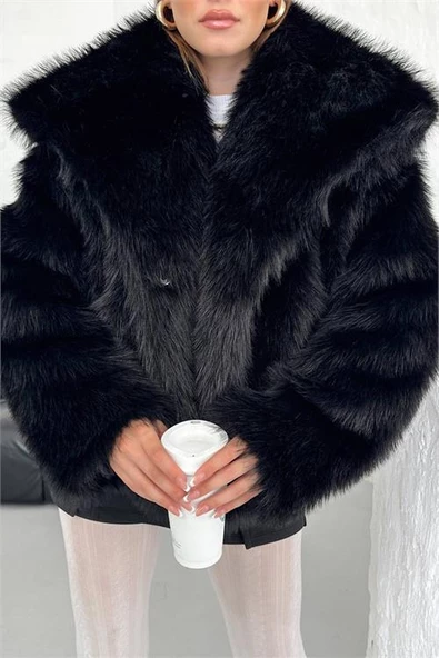 Dipmoda kadın oversize çıtçıtlı ithal kürk mont DPG037 - 6