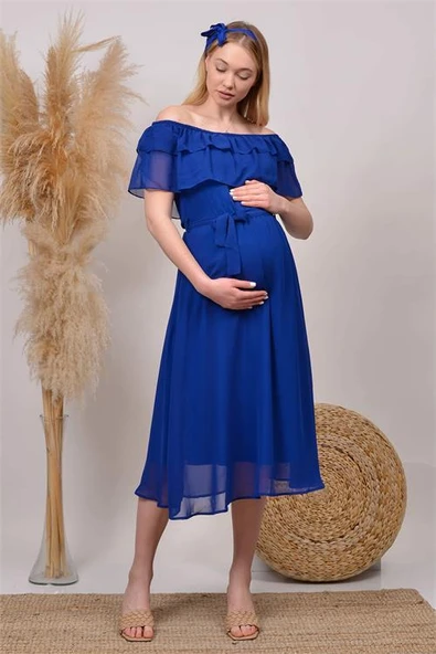 Dipmoda kadın saks mavisi baby shower şifon hamile elbise HML8060