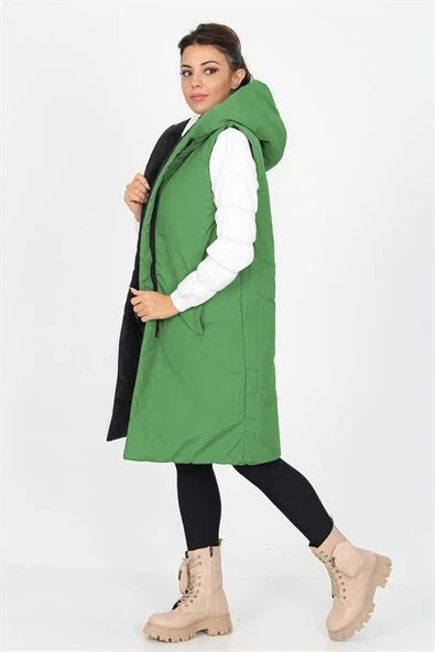 Dipmoda kadın kapüşonlu çift taraflı yeni sezon uzun kapitone neo yelek SY002 - Resim 3
