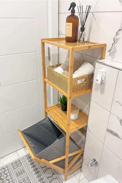 3 Raflı Bambu Kirli Sepeti, Banyo Düzenleyici, Raflı Çamaşır Sepeti Organizer