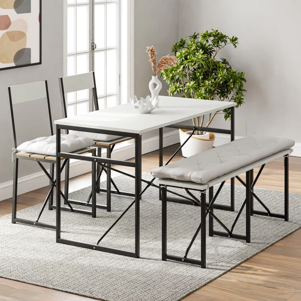 Eportatif Mutfak Masası Minderli Bank 120x60 Masa Set 2 Adet Sandalye Yemek Masası Beyaz 1550 - 2